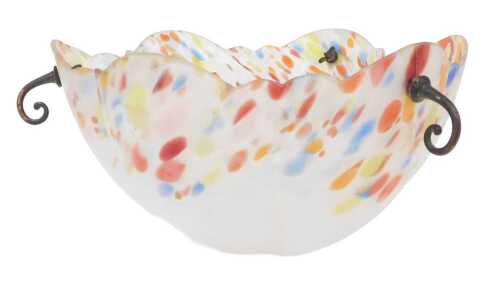 An Art Deco frosted glass plafonnier, of fluted six sided form, with mottled decoration, chains...