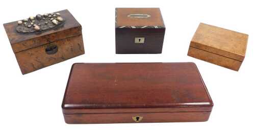 A Victorian rosewood and mother of pearl bound money box, burr walnut box, the lid encrusted...