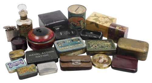 Two Victorian papier mache and mother of pearl snuff boxes, Zenobia Sweet Pea Blossom perfume...