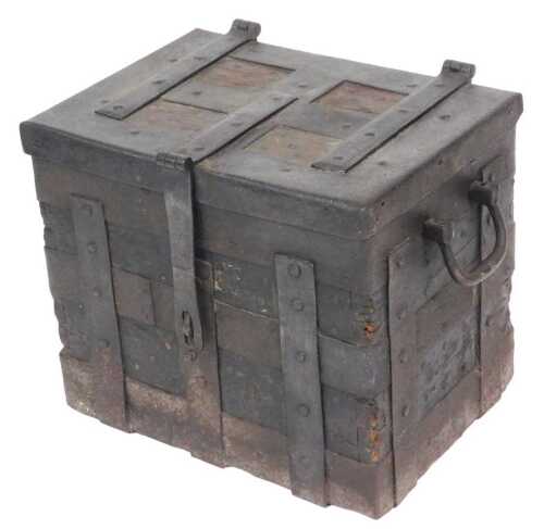 A 19thC pitch pine and cast iron bound ammunition chest, with a pair of carrying handles and...