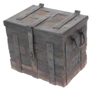 A 19thC pitch pine and cast iron bound ammunition chest, with a pair of carrying handles and...