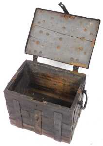 A 19thC pitch pine and cast iron bound ammunition chest, with a pair of carrying handles and... - 2