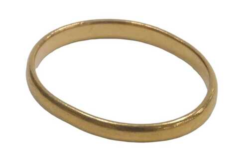 A 22ct gold wedding band, misshapen, 1.4g.