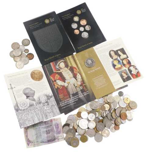 George V and later silver coinage, including half crowns and sixpences, foreign coinage and...