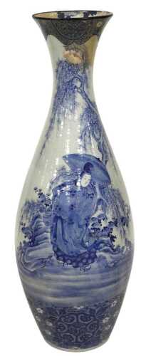A large Meiji period Japanese Arita blue and white porcelain vase, of slender necked, bulbous...