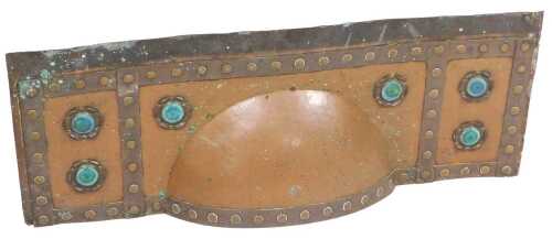 A Victorian Arts & Crafts copper fire surround and hood, decorated with six Ruskin type blue...