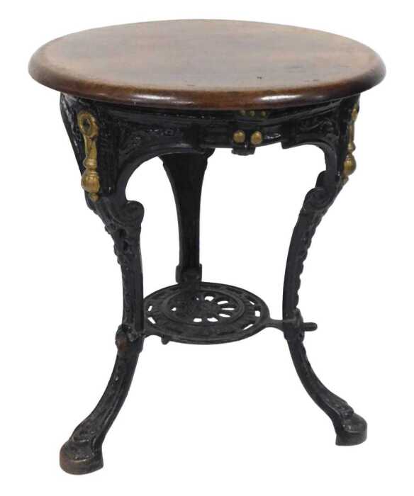A Victorian mahogany and cast iron pub table, by W J Elms, Bar Fitter, Aston Road, Birmingham,...