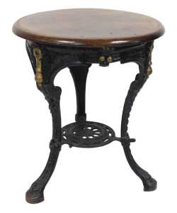 A Victorian mahogany and cast iron pub table, by W J Elms, Bar Fitter, Aston Road, Birmingham,...