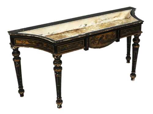 A Victorian Aesthetic ebonised and painted planter table, with a lead insert, painted to the...