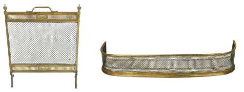 A Victorian brass bow fronted fender, with fretwork decoration, 111cm wide, 27cm deep, together...