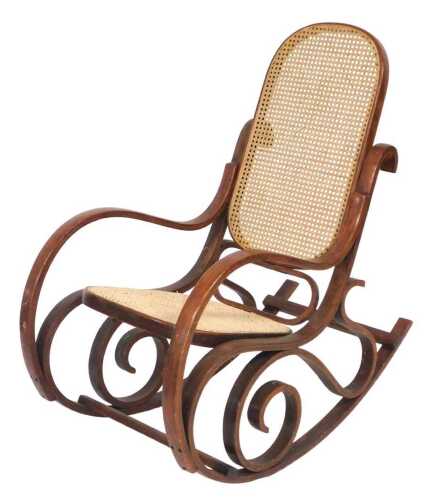 An early 20thC bentwood and cane rocking chair, with scrolling arms, a cane back and seat, 51cm...