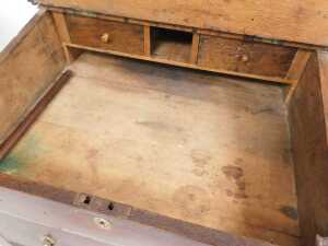 An early 19thC Georgian oak clerk's desk, with a three sided galleried back, and slope, opening... - 2