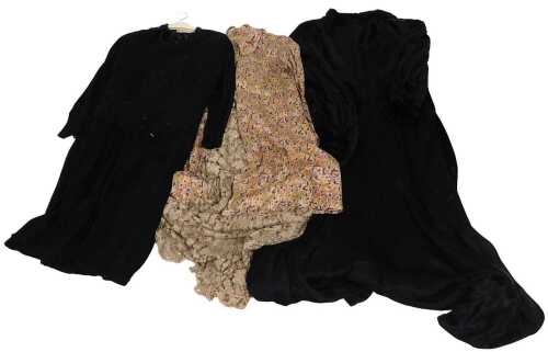 Vintage lady's clothing, comprising an 1930's silk two piece dress, a Paisley housecoat, two...