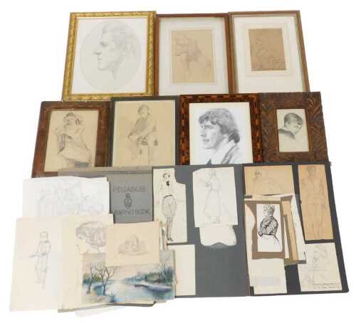 Various original portrait drawings by L Rogers, a folder of original theatrical costume figures,...