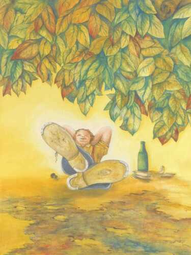 Michael Brian Seirton (1937-2025). Character figure of a reclining man, beneath a leafy canopy,...