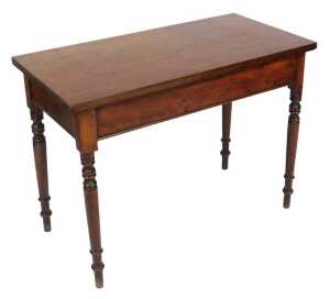 A Victorian mahogany side table, raised on turned legs, 72cm high, 97cm wide, 49.5cm deep.