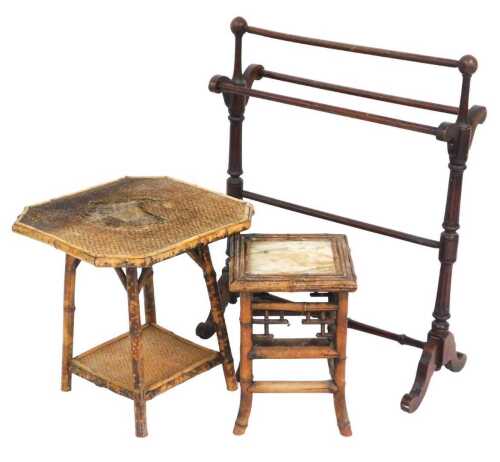 A 19thC bamboo occasional table, the square top inset with green onyx, with splayed legs, 40cm...