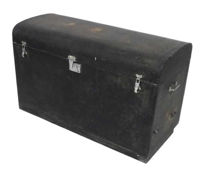 An early 20thC ebonised car trunk, possibly by Brooks, of domed form, with twin carrying handles,...