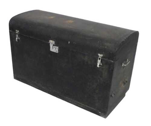 An early 20thC ebonised car trunk, possibly by Brooks, of domed form, with twin carrying handles,...
