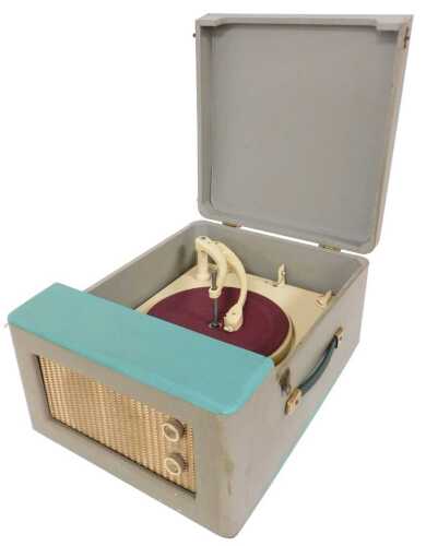 A Collard Conquest vintage portable gramophone, in a turquoise and grey case, 46cm wide.