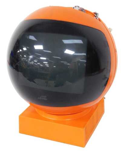 A 1960s/70s JVC Videosphere space helmet shaped vintage portable television, on a square stand,...