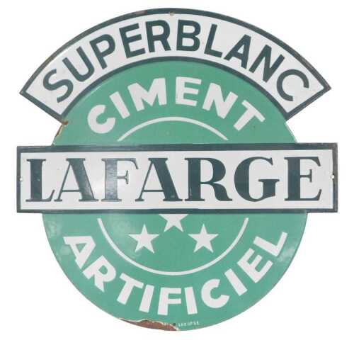 A French green and white enamel sign for La Farge Super Blanc Ciment Artificiel, 46cm wide.