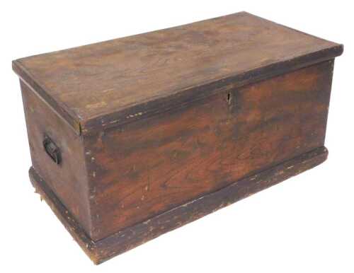 A 19thC stained pine trunk, raised on a plinth base, 50cm high, 103cm wide, 55cm deep.
