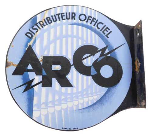 A French blue and white wall mounted enamel sign for Arco Distributeur Officiel, 41cm wide.