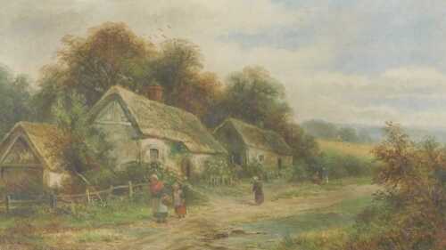 Walter E Ellis (English 1849-1918). Cottages at Broom, Warwickshire, oil on canvas, signed,...