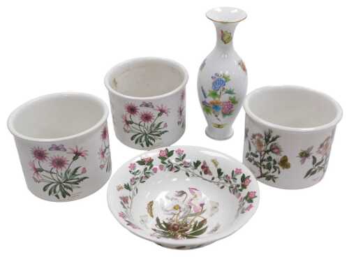 Three Portmeirion Botanic Garden cylindrical jardinieres, a bowl, and a Herend porcelain vase,...
