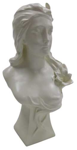 A resin simulated marble bust, modelled in the form of a lady on a square tapering base, stamped...