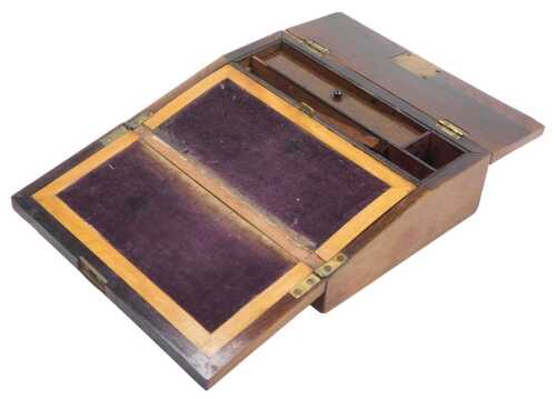 A Victorian rosewood writing slope, the bold chequer banded top with a shield shaped escutcheon...