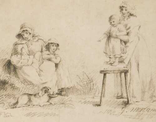 After George Morland (English 1763-1804). Pastoral scene, with children and a dog, etching, in a...