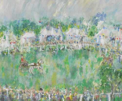 Michael Gibbison (British b1937). Carriage drivers in the racecourse parade ring, watercolour,...