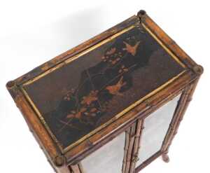 A Victorian bamboo display cabinet, with a lacquered top, decorated with birds and blossom,... - 2