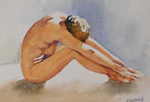 Eddie Shakeshaft (British late 20thC). Female nude in a seated position, watercolour, signed,...