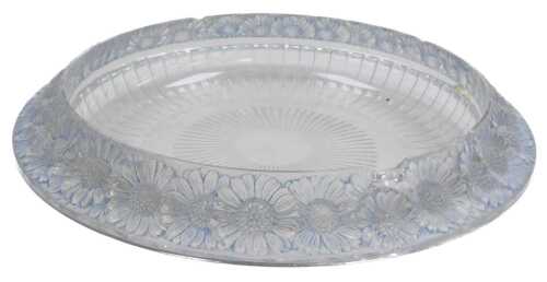 A Lalique Marguerites shallow bowl, decorated with a band of blue iridescent daisies, with a cut...