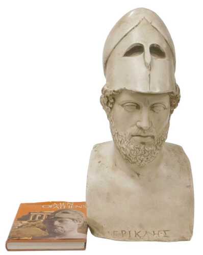 A composition bust of Pericles, after the original by Kresilas, 59cm high, and Warner (Rex) Men...