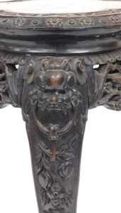A late 19thC Chinese hardwood urn stand, the carved quatrelobe top inset with red and white... - 3