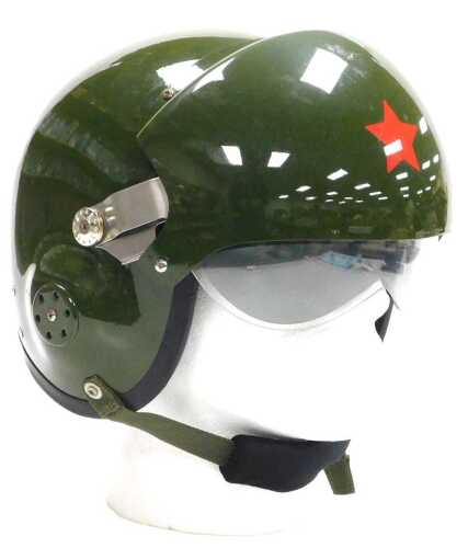 A Cold War period Chinese Air Force TK-2 flying helmet, mounted onto a polystyrene mannequin...