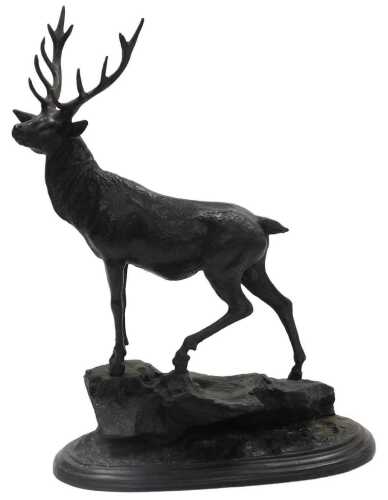 After Pierre-Jules Mene (1810-1879). Stag, bronze, on naturalistic oval base, bearing name, 37cm...