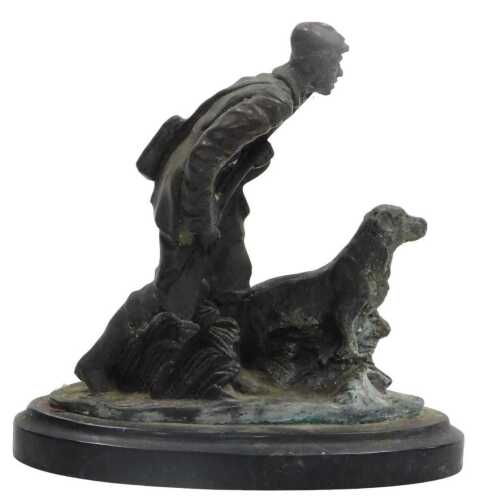 After Pierre-Jules Mene (1810-1879). Huntsman with hound, bronze, on a shaped marble plinth,...