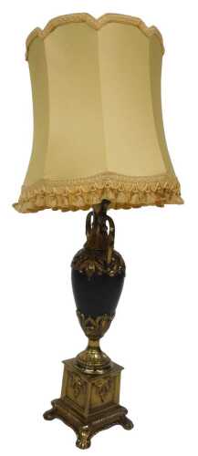 A Continental brass twin handled table lamp, of vase and plinth form, with a matte black effect...