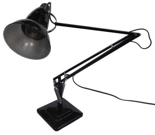 A black Anglepoise lamp, on a square stepped base, 15cm wide.