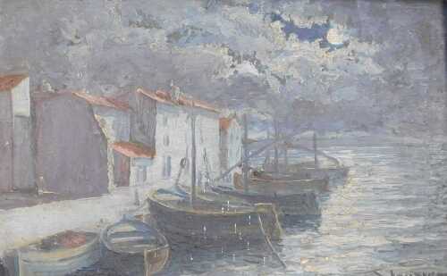 French School (19thC). Boats at harbour at moonlight, Impressionist oil on board, signed...
