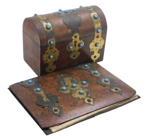 A Victorian Irish walnut casket by W Mansfield, 90 Grafton St., Dublin, with brass and turquoise...