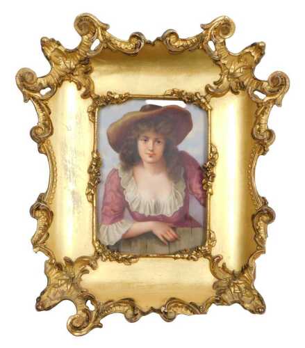 A late 19thC Heubach porcelain plaque, by E Dietrich, of an eighteenth century lady leaning on a...