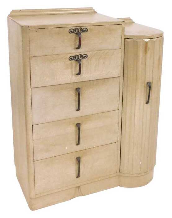 A Continental Art Deco limed oak chest, of six drawers, flanked by a demi lune cupboard, the...