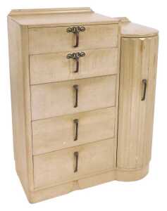 A Continental Art Deco limed oak chest, of six drawers, flanked by a demi lune cupboard, the...