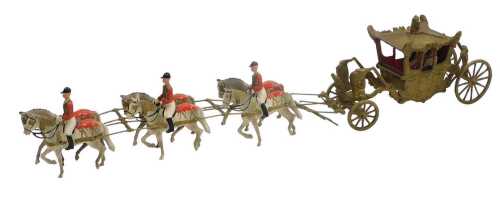 A Britains Coronation model of the British Gold State Coach, accompanied by six horses and three...